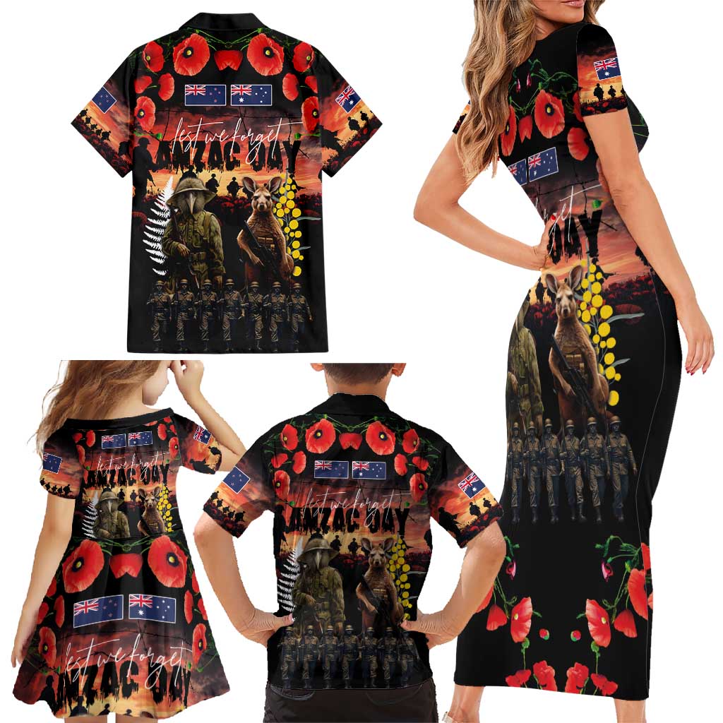 Australia and New Zealand ANZAC Day Family Matching Short Sleeve Bodycon Dress and Hawaiian Shirt Kangaroo and Kiwi Bird Soldier - Forever in My Thoughts LT03 - Polynesian Pride