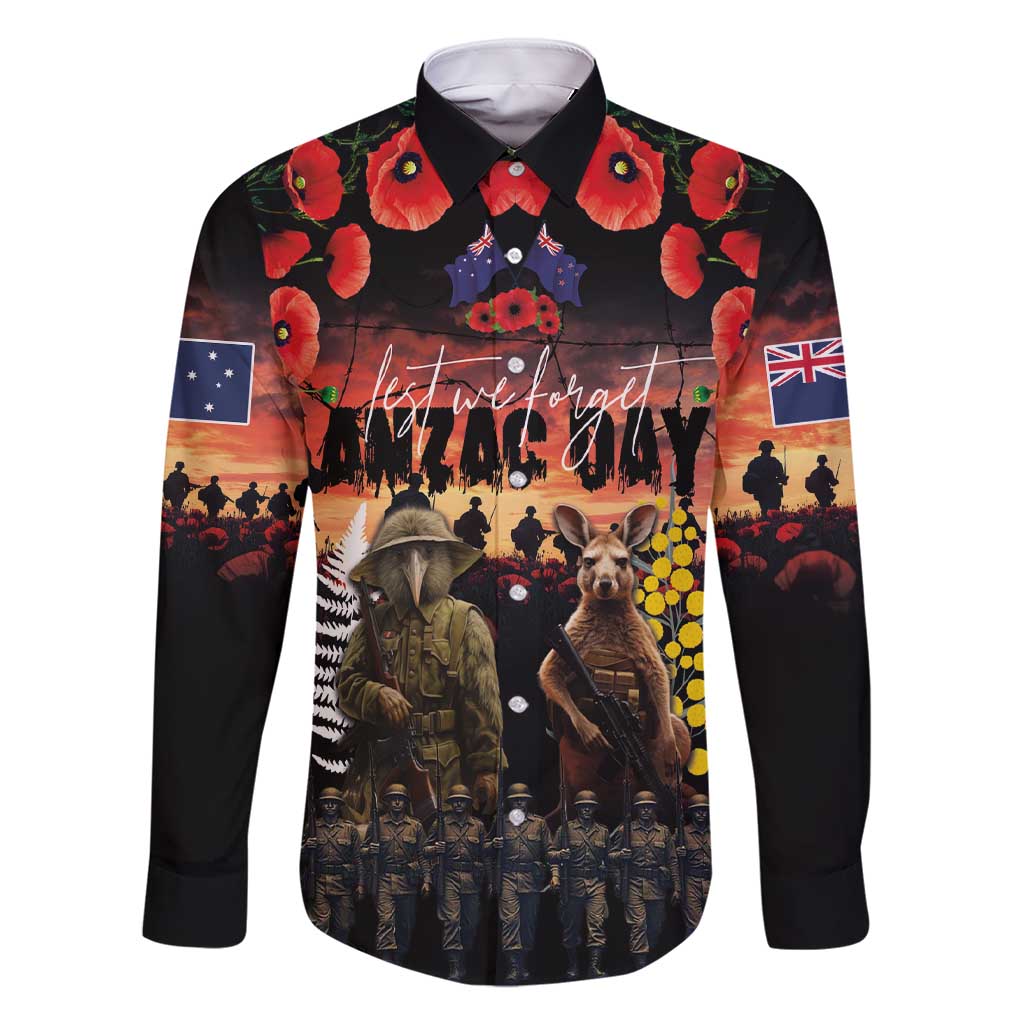 Australia and New Zealand ANZAC Day Family Matching Short Sleeve Bodycon Dress and Hawaiian Shirt Kangaroo and Kiwi Bird Soldier - Forever in My Thoughts LT03 Dad's Shirt - Long Sleeve Black - Polynesian Pride