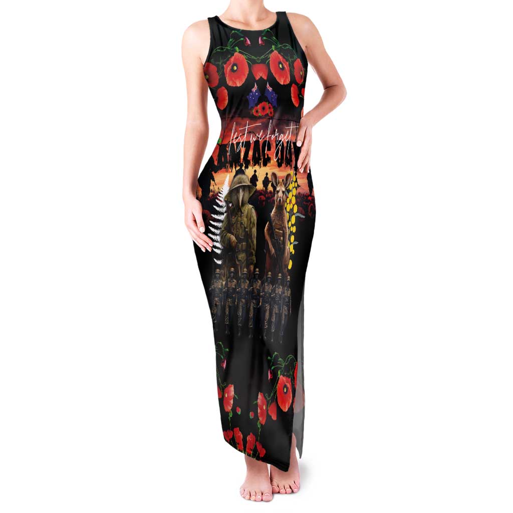 Australia and New Zealand ANZAC Day Family Matching Tank Maxi Dress and Hawaiian Shirt Kangaroo and Kiwi Bird Soldier - Forever in My Thoughts LT03 Mom's Dress Black - Polynesian Pride
