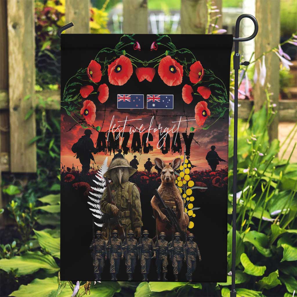 Australia and New Zealand ANZAC Day Garden Flag Kangaroo and Kiwi Bird Soldier - Forever in My Thoughts LT03 Garden Flag Black - Polynesian Pride