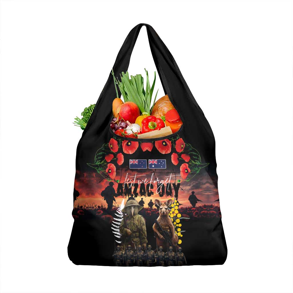 Australia and New Zealand ANZAC Day Grocery Bag Kangaroo and Kiwi Bird Soldier - Forever in My Thoughts LT03 1-pack One Size Black - Polynesian Pride