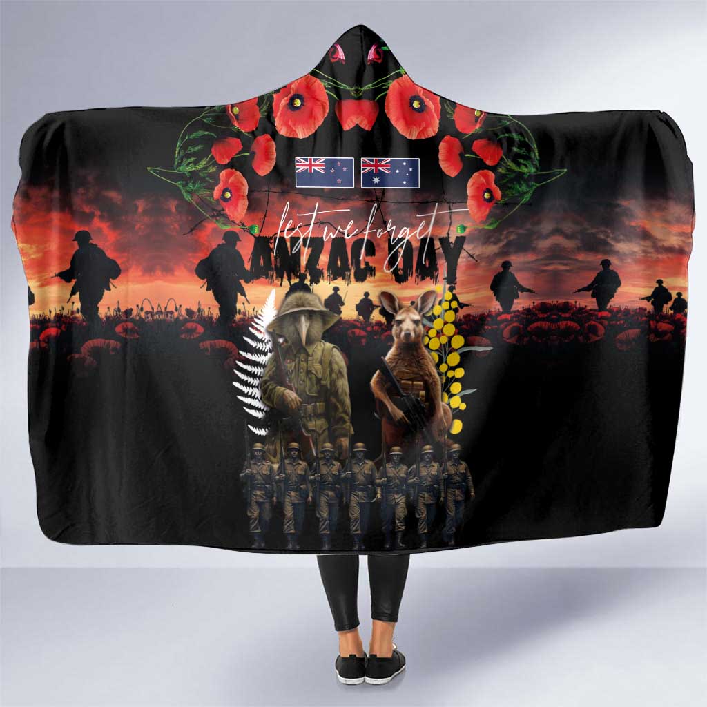 Australia and New Zealand ANZAC Day Hooded Blanket Kangaroo and Kiwi Bird Soldier - Forever in My Thoughts LT03 One Size Black - Polynesian Pride