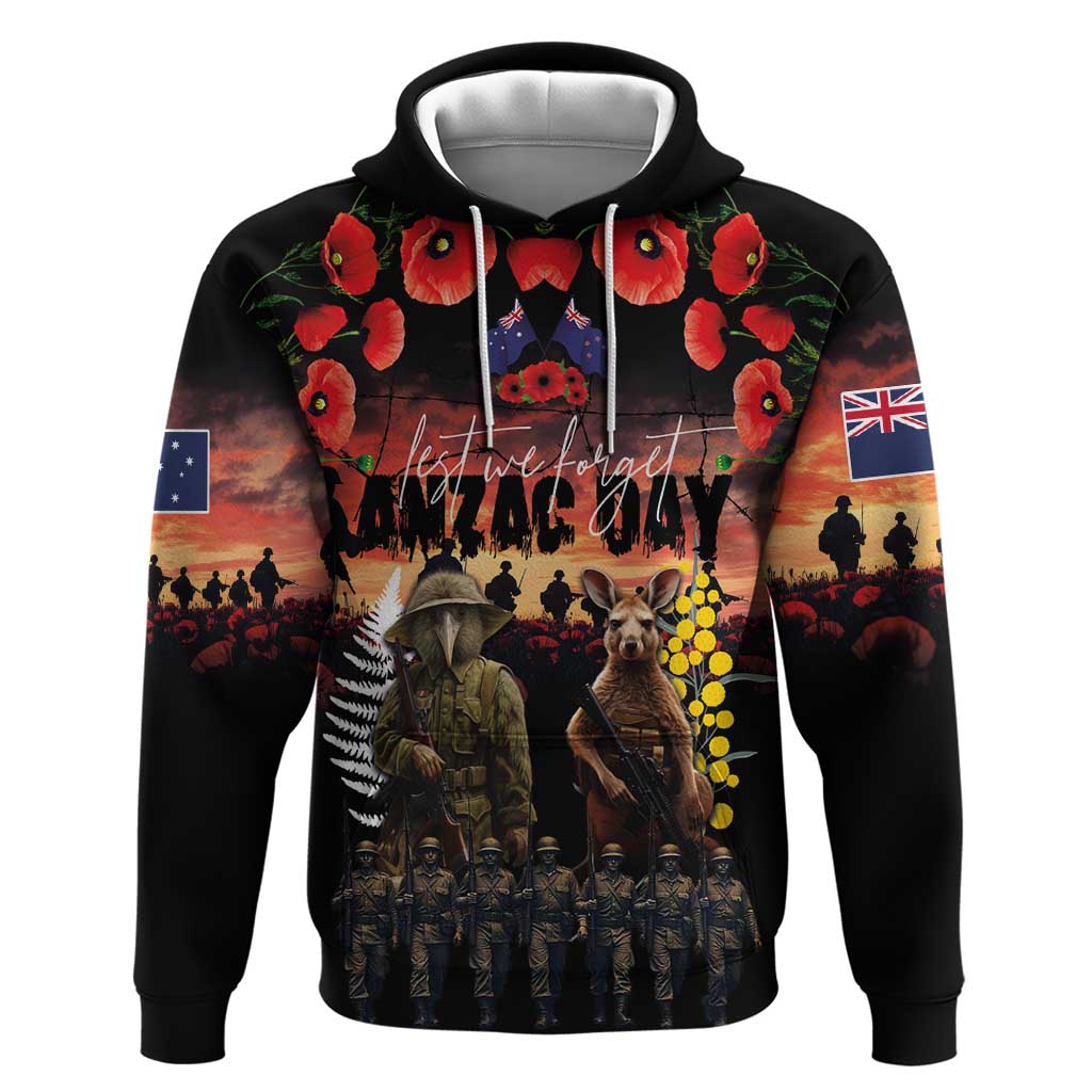 Australia and New Zealand ANZAC Day Hoodie Kangaroo and Kiwi Bird Soldier - Forever in My Thoughts LT03 Pullover Hoodie Black - Polynesian Pride