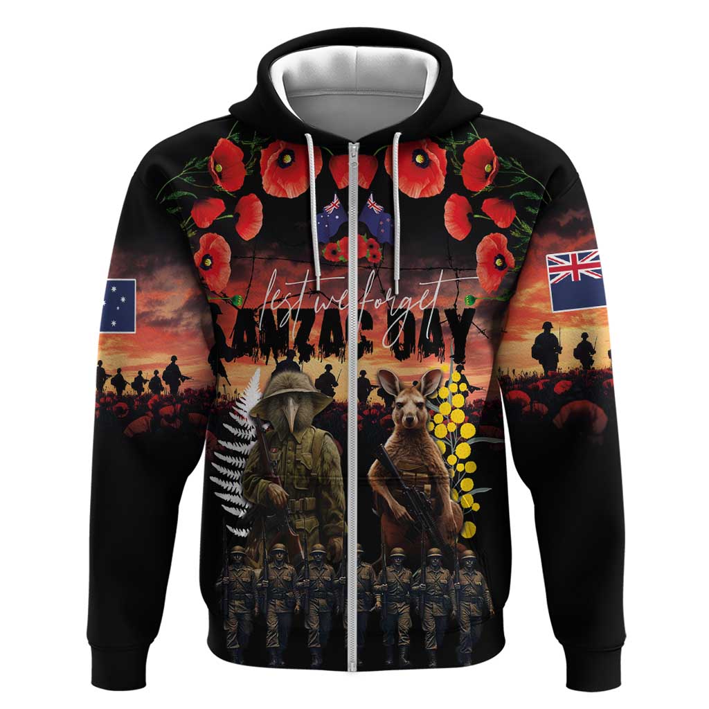 Australia and New Zealand ANZAC Day Hoodie Kangaroo and Kiwi Bird Soldier - Forever in My Thoughts LT03 Zip Hoodie Black - Polynesian Pride