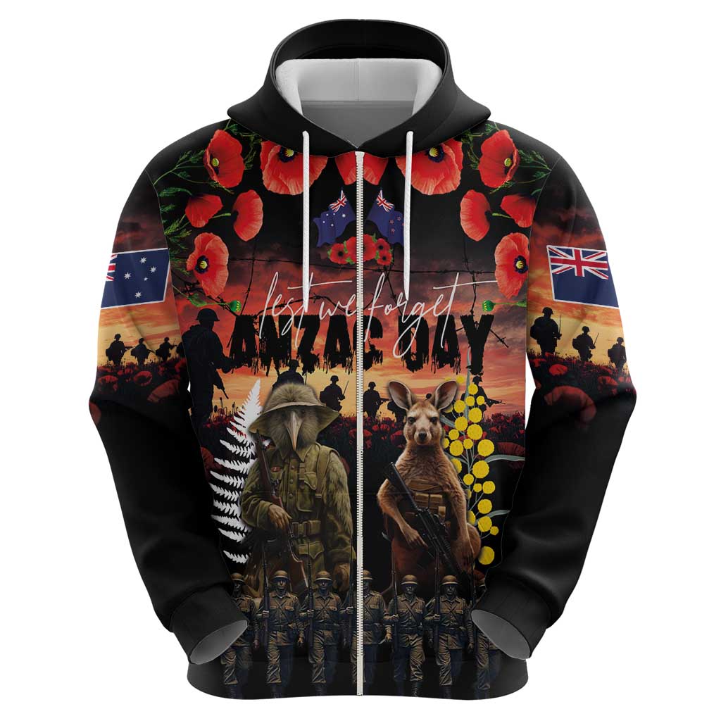 Australia and New Zealand ANZAC Day Hoodie Kangaroo and Kiwi Bird Soldier - Forever in My Thoughts LT03 - Polynesian Pride