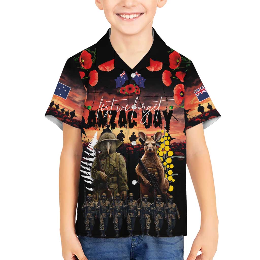 Australia and New Zealand ANZAC Day Kid Hawaiian Shirt Kangaroo and Kiwi Bird Soldier - Forever in My Thoughts LT03 Kid Black - Polynesian Pride