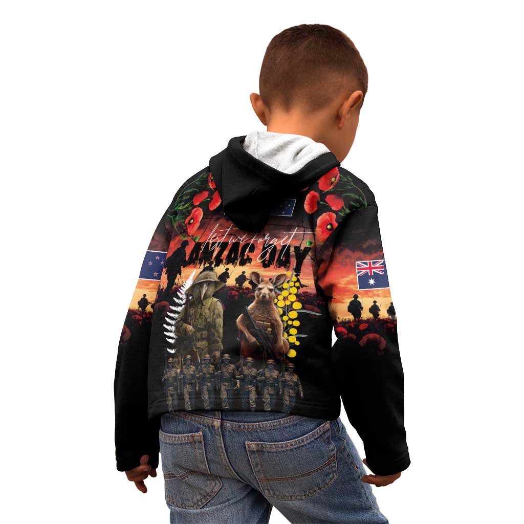 Australia and New Zealand ANZAC Day Kid Hoodie Kangaroo and Kiwi Bird Soldier - Forever in My Thoughts LT03 - Polynesian Pride