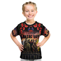 Australia and New Zealand ANZAC Day Kid T Shirt Kangaroo and Kiwi Bird Soldier - Forever in My Thoughts LT03 Black - Polynesian Pride