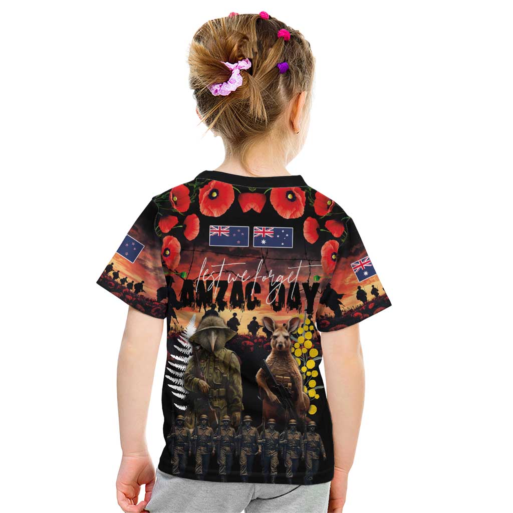 Australia and New Zealand ANZAC Day Kid T Shirt Kangaroo and Kiwi Bird Soldier - Forever in My Thoughts LT03 - Polynesian Pride