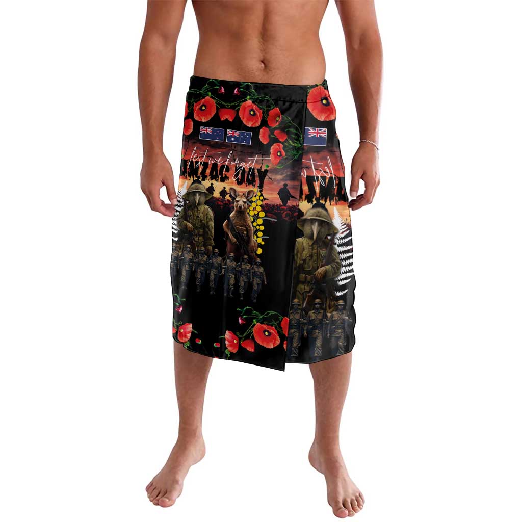 Australia and New Zealand ANZAC Day Lavalava Kangaroo and Kiwi Bird Soldier - Forever in My Thoughts LT03 Black - Polynesian Pride