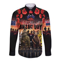 Australia and New Zealand ANZAC Day Long Sleeve Button Shirt Kangaroo and Kiwi Bird Soldier - Forever in My Thoughts LT03 Unisex Black - Polynesian Pride
