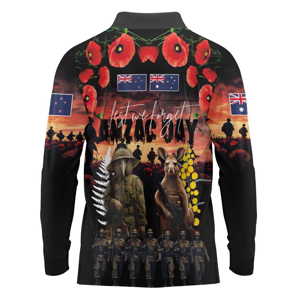 Australia and New Zealand ANZAC Day Long Sleeve Polo Shirt Kangaroo and Kiwi Bird Soldier - Forever in My Thoughts LT03 - Polynesian Pride