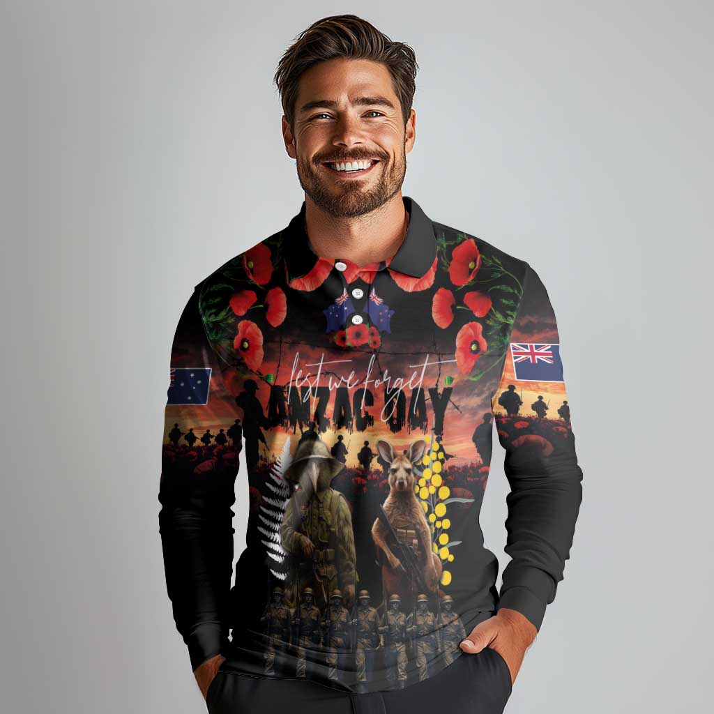 Australia and New Zealand ANZAC Day Long Sleeve Polo Shirt Kangaroo and Kiwi Bird Soldier - Forever in My Thoughts LT03 - Polynesian Pride