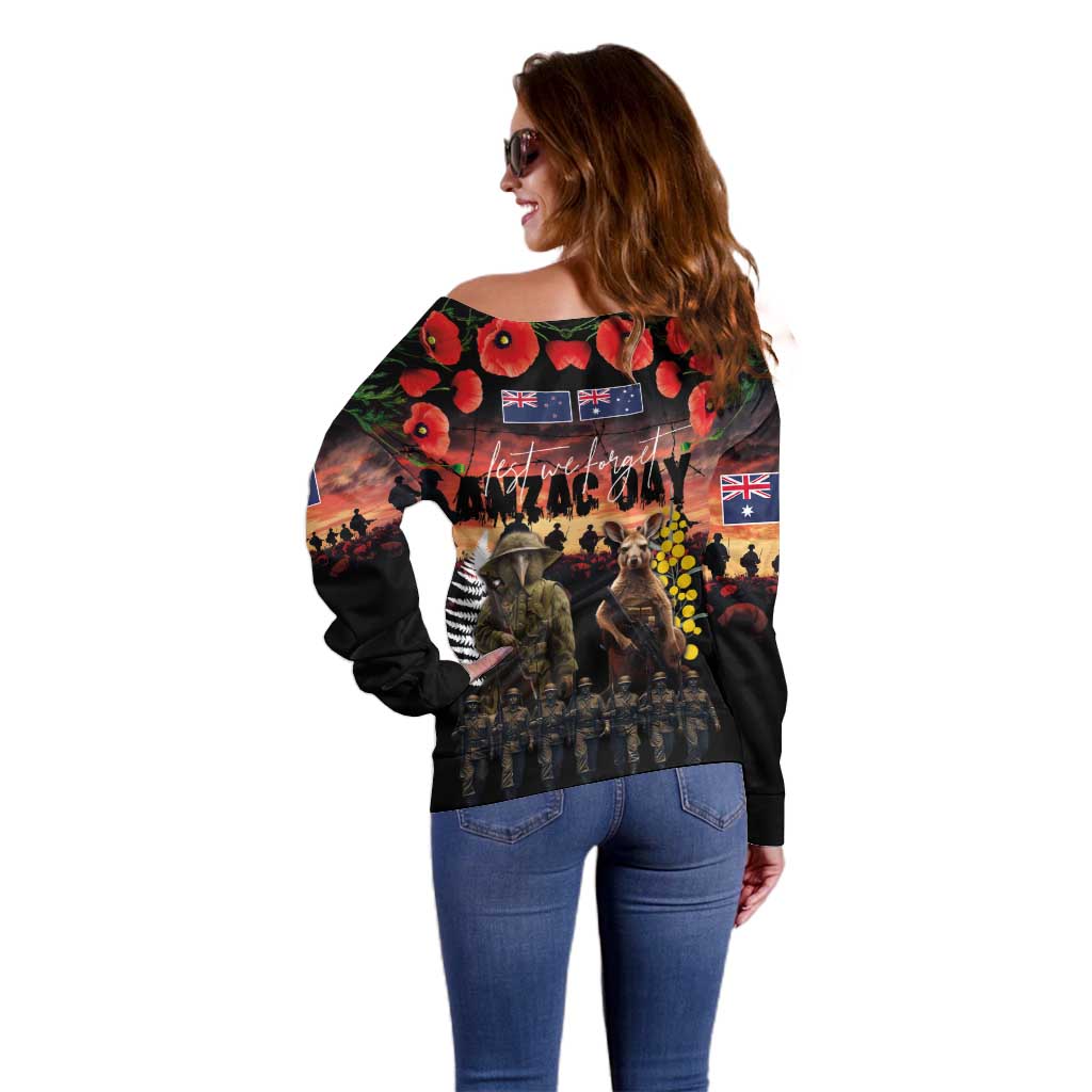 Australia and New Zealand ANZAC Day Off Shoulder Sweater Kangaroo and Kiwi Bird Soldier - Forever in My Thoughts LT03 - Polynesian Pride