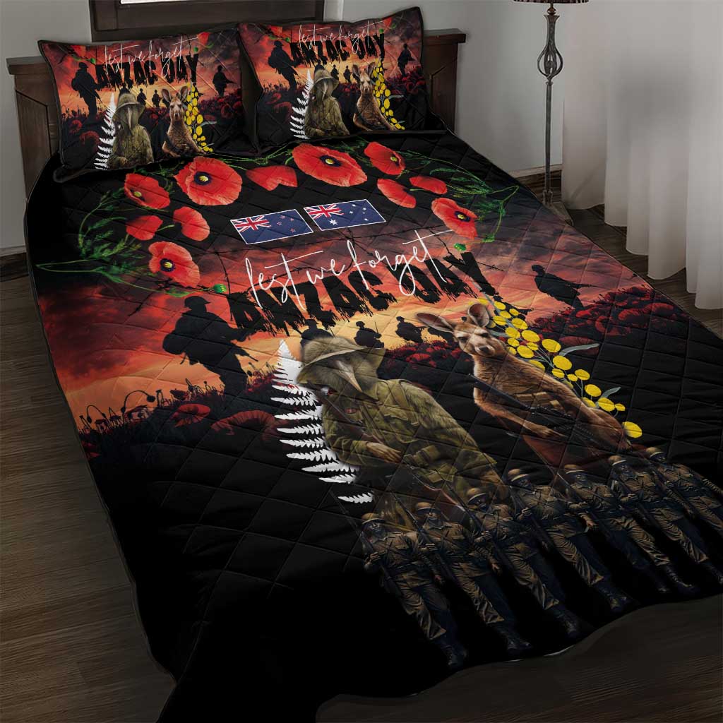 Australia and New Zealand ANZAC Day Quilt Bed Set Kangaroo and Kiwi Bird Soldier - Forever in My Thoughts LT03 Black - Polynesian Pride