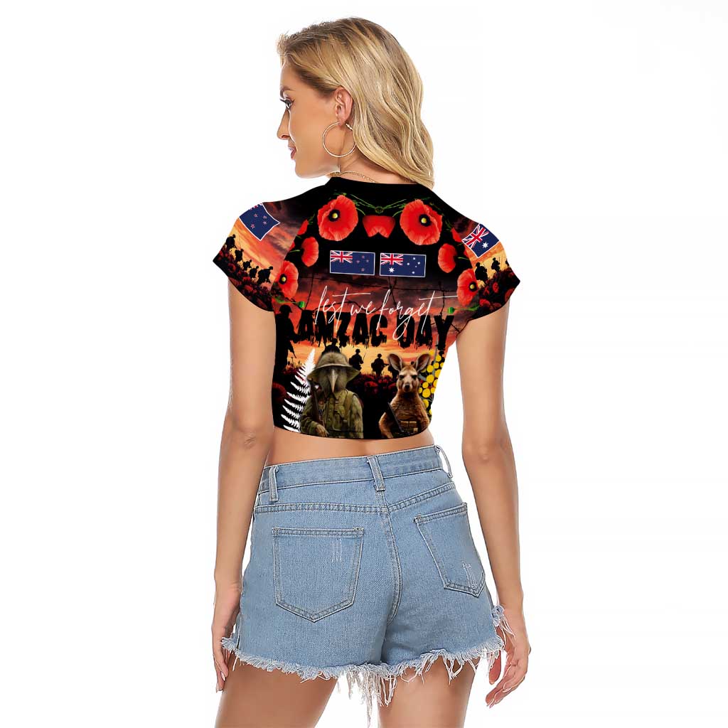 Australia and New Zealand ANZAC Day Raglan Cropped T Shirt Kangaroo and Kiwi Bird Soldier - Forever in My Thoughts LT03 - Polynesian Pride
