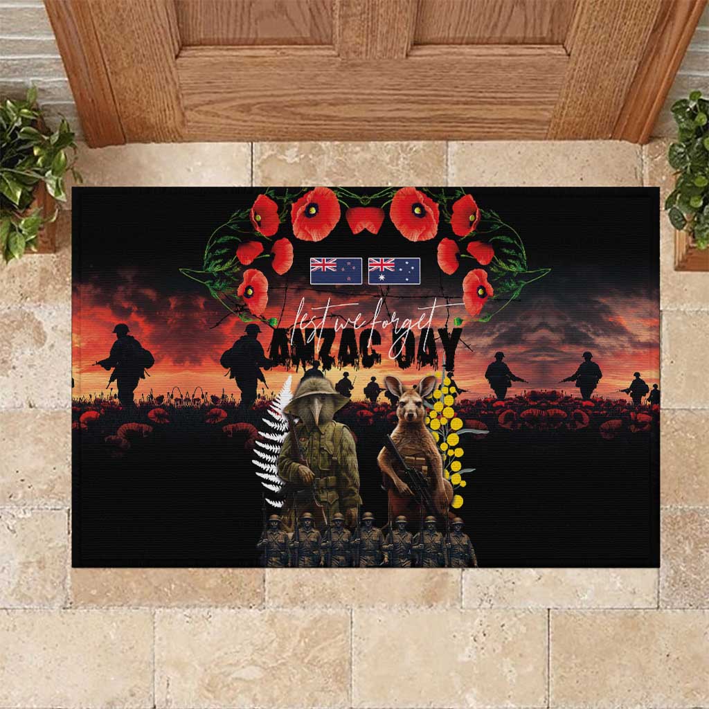 Australia and New Zealand ANZAC Day Rubber Doormat Kangaroo and Kiwi Bird Soldier - Forever in My Thoughts LT03 Black - Polynesian Pride