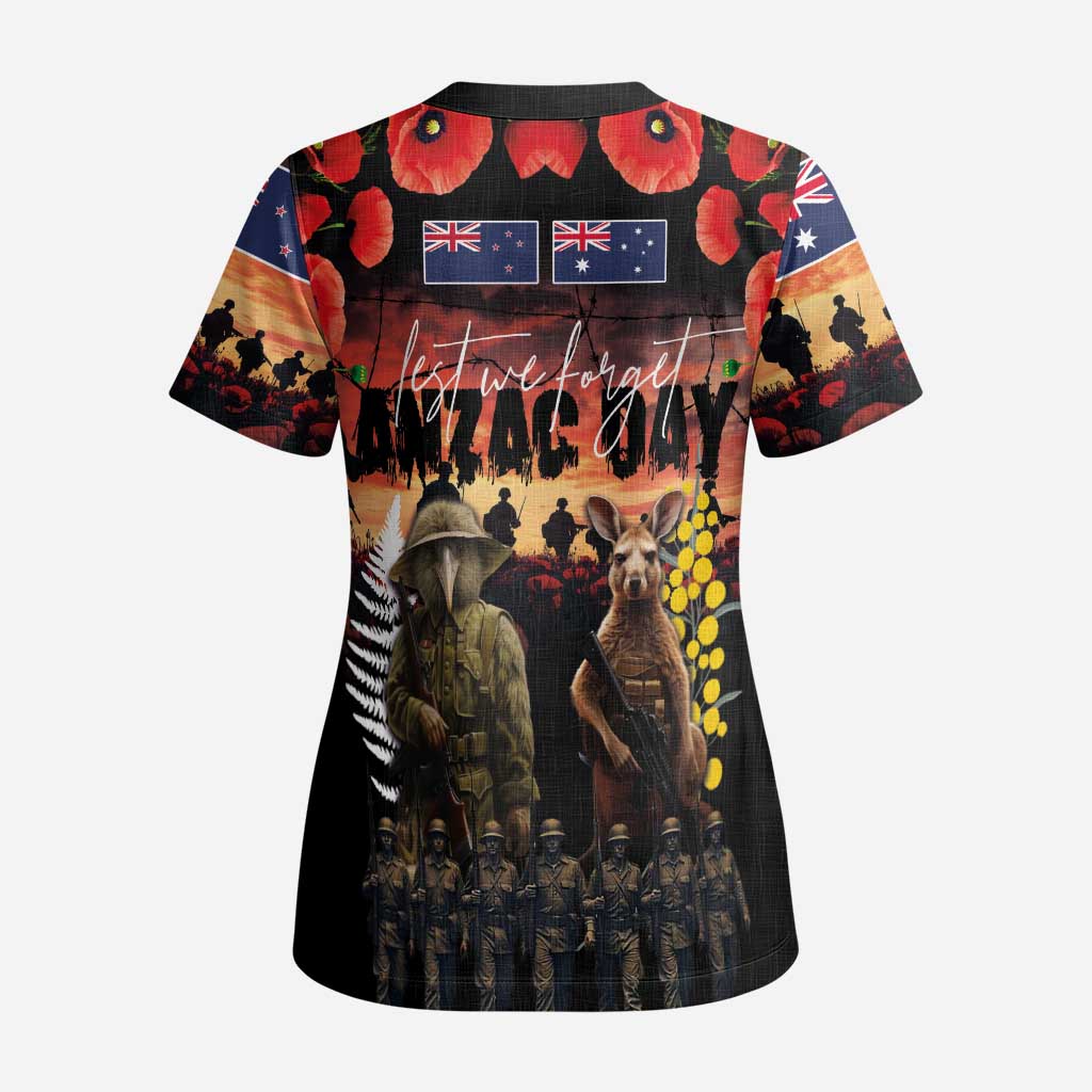 Australia and New Zealand ANZAC Day Scrub Top Kangaroo and Kiwi Bird Soldier - Forever in My Thoughts LT03 - Polynesian Pride