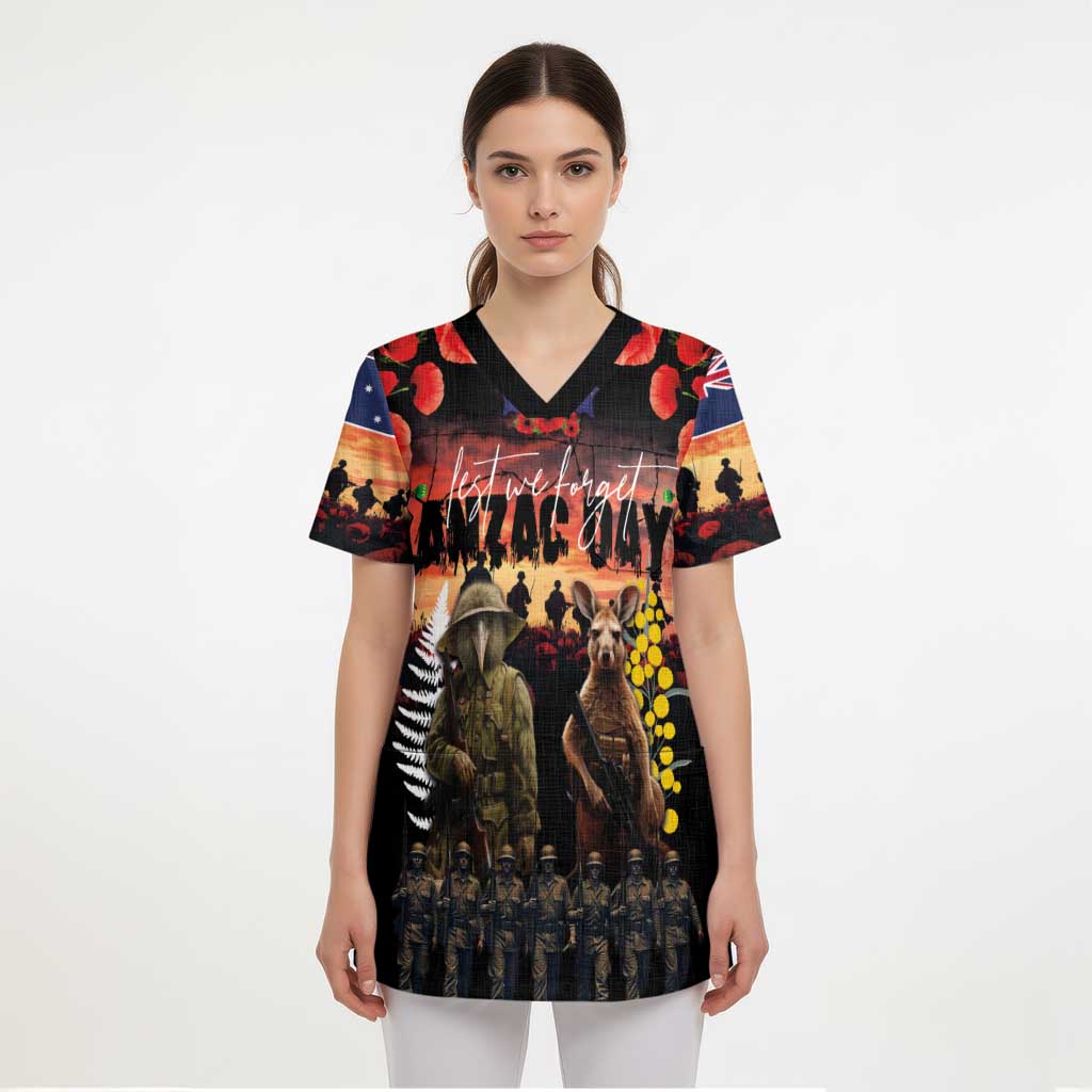 Australia and New Zealand ANZAC Day Scrub Top Kangaroo and Kiwi Bird Soldier - Forever in My Thoughts LT03 - Polynesian Pride