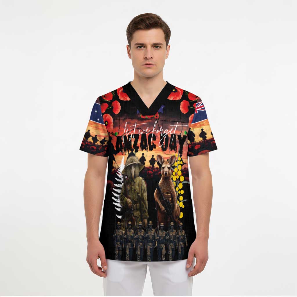 Australia and New Zealand ANZAC Day Scrub Top Kangaroo and Kiwi Bird Soldier - Forever in My Thoughts LT03 - Polynesian Pride