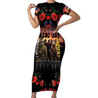Australia and New Zealand ANZAC Day Short Sleeve Bodycon Dress Kangaroo and Kiwi Bird Soldier - Forever in My Thoughts LT03 Long Dress Black - Polynesian Pride