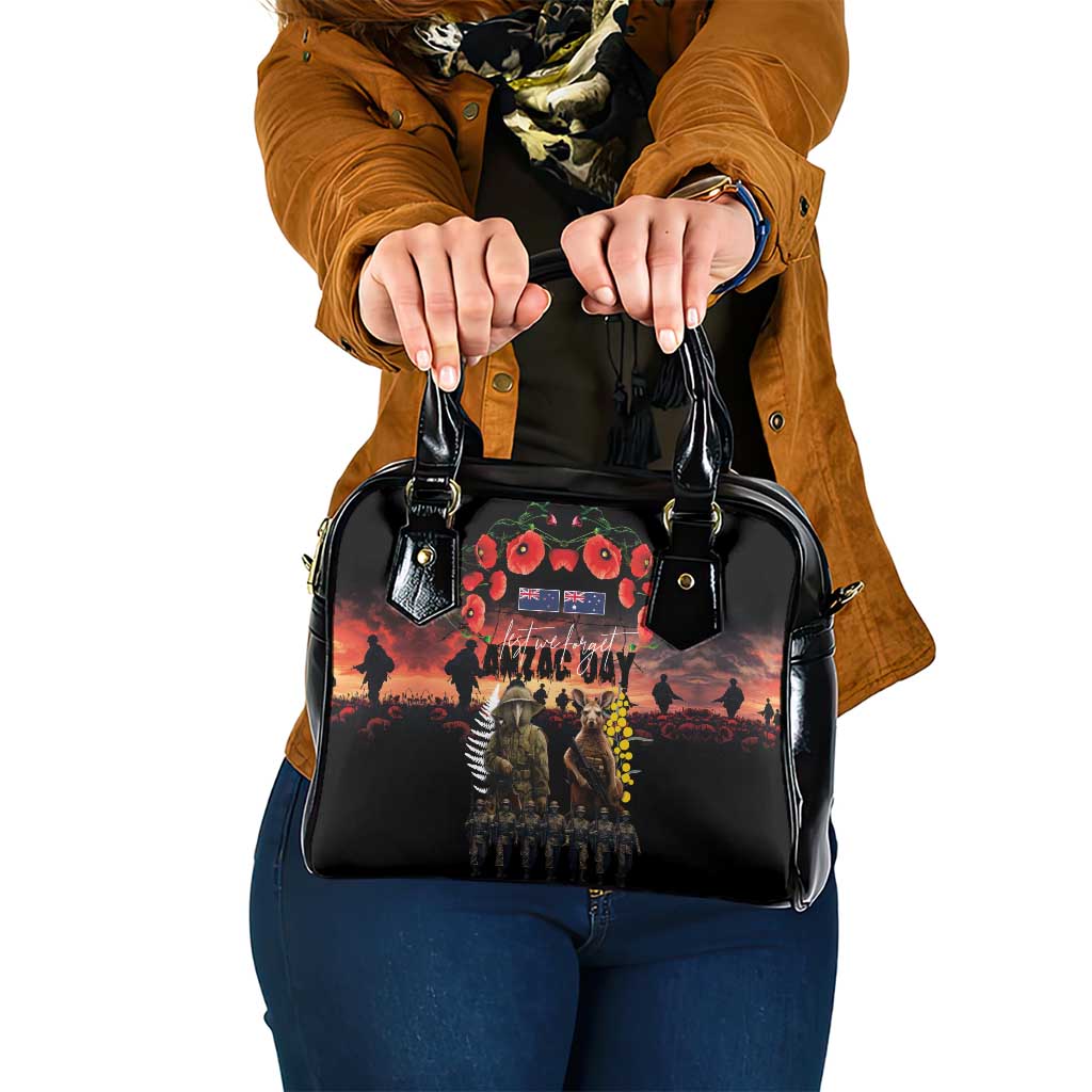 Australia and New Zealand ANZAC Day Shoulder Handbag Kangaroo and Kiwi Bird Soldier - Forever in My Thoughts LT03 One Size Black - Polynesian Pride