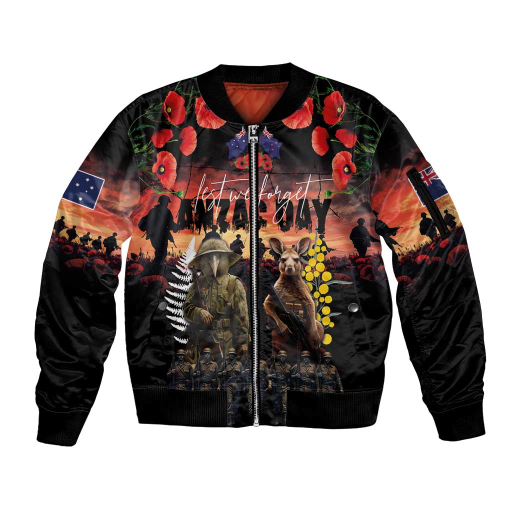 Australia and New Zealand ANZAC Day Sleeve Zip Bomber Jacket Kangaroo and Kiwi Bird Soldier - Forever in My Thoughts LT03 Unisex Black - Polynesian Pride