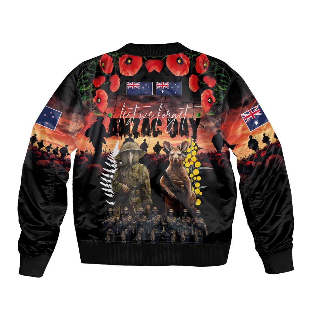 Australia and New Zealand ANZAC Day Sleeve Zip Bomber Jacket Kangaroo and Kiwi Bird Soldier - Forever in My Thoughts LT03 - Polynesian Pride