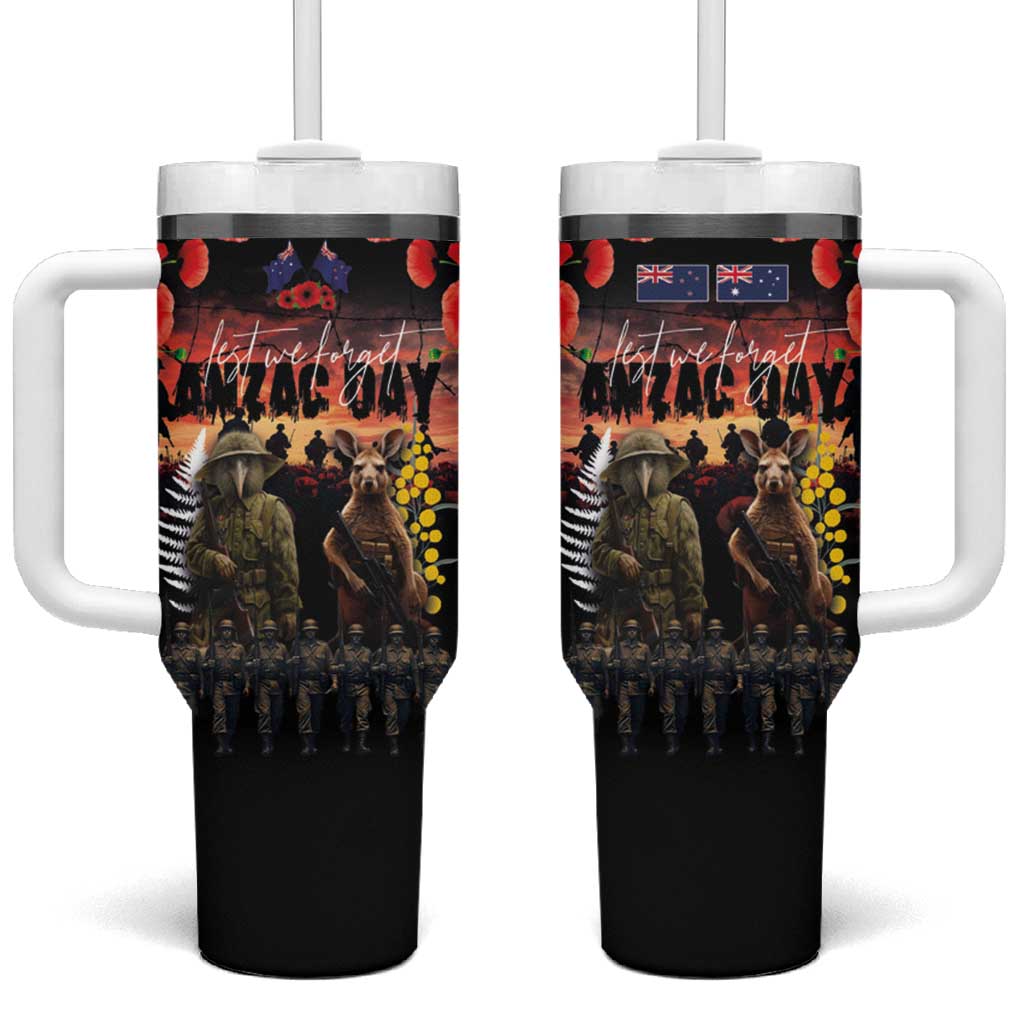 Australia and New Zealand ANZAC Day Tumbler With Handle Kangaroo and Kiwi Bird Soldier Forever in My Thoughts LT03 One Size: 40 oz Black - Polynesian Pride