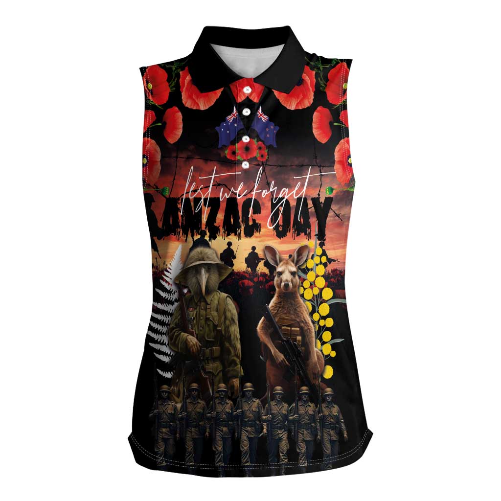 Australia and New Zealand ANZAC Day Women Sleeveless Polo Shirt Kangaroo and Kiwi Bird Soldier - Forever in My Thoughts LT03 Female Black - Polynesian Pride