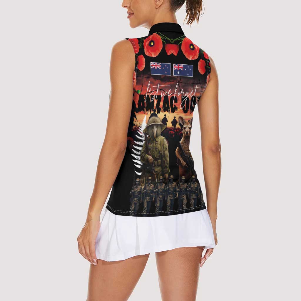 Australia and New Zealand ANZAC Day Women Sleeveless Polo Shirt Kangaroo and Kiwi Bird Soldier - Forever in My Thoughts LT03 - Polynesian Pride