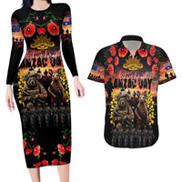 Australia ANZAC Day Couples Matching Long Sleeve Bodycon Dress and Hawaiian Shirt Kangaroo and Koala Soldier - Forever in My Thoughts LT03 Black - Polynesian Pride