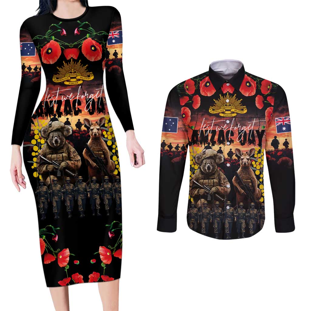 Australia ANZAC Day Couples Matching Long Sleeve Bodycon Dress and Long Sleeve Button Shirt Kangaroo and Koala Soldier - Forever in My Thoughts LT03 Black - Polynesian Pride
