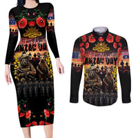 Australia ANZAC Day Couples Matching Long Sleeve Bodycon Dress and Long Sleeve Button Shirt Kangaroo and Koala Soldier - Forever in My Thoughts LT03 Black - Polynesian Pride