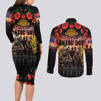 Australia ANZAC Day Couples Matching Long Sleeve Bodycon Dress and Long Sleeve Button Shirt Kangaroo and Koala Soldier - Forever in My Thoughts LT03 - Polynesian Pride