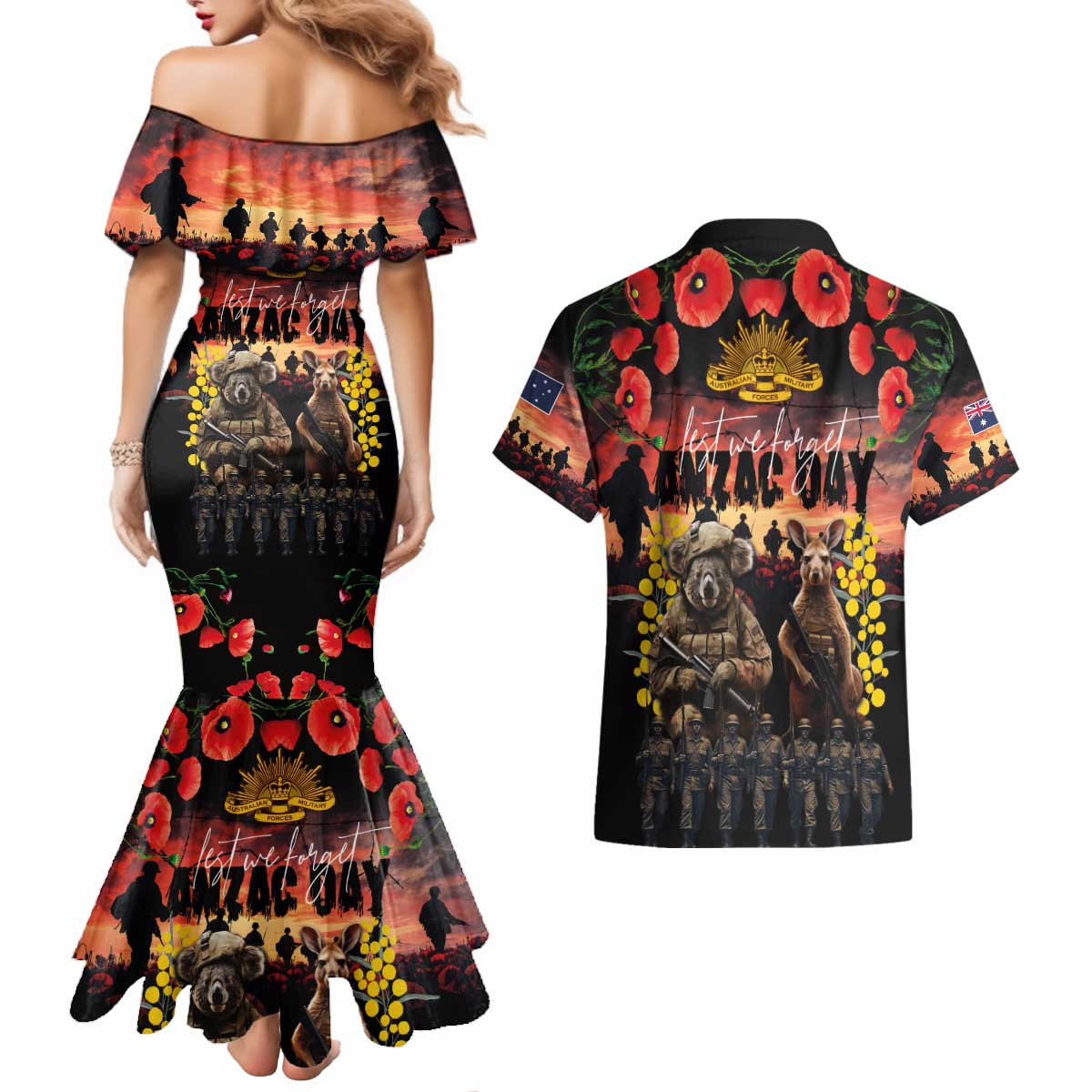 Australia ANZAC Day Couples Matching Mermaid Dress and Hawaiian Shirt Kangaroo and Koala Soldier - Forever in My Thoughts LT03 - Polynesian Pride