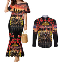 Australia ANZAC Day Couples Matching Mermaid Dress and Long Sleeve Button Shirt Kangaroo and Koala Soldier - Forever in My Thoughts LT03 Black - Polynesian Pride