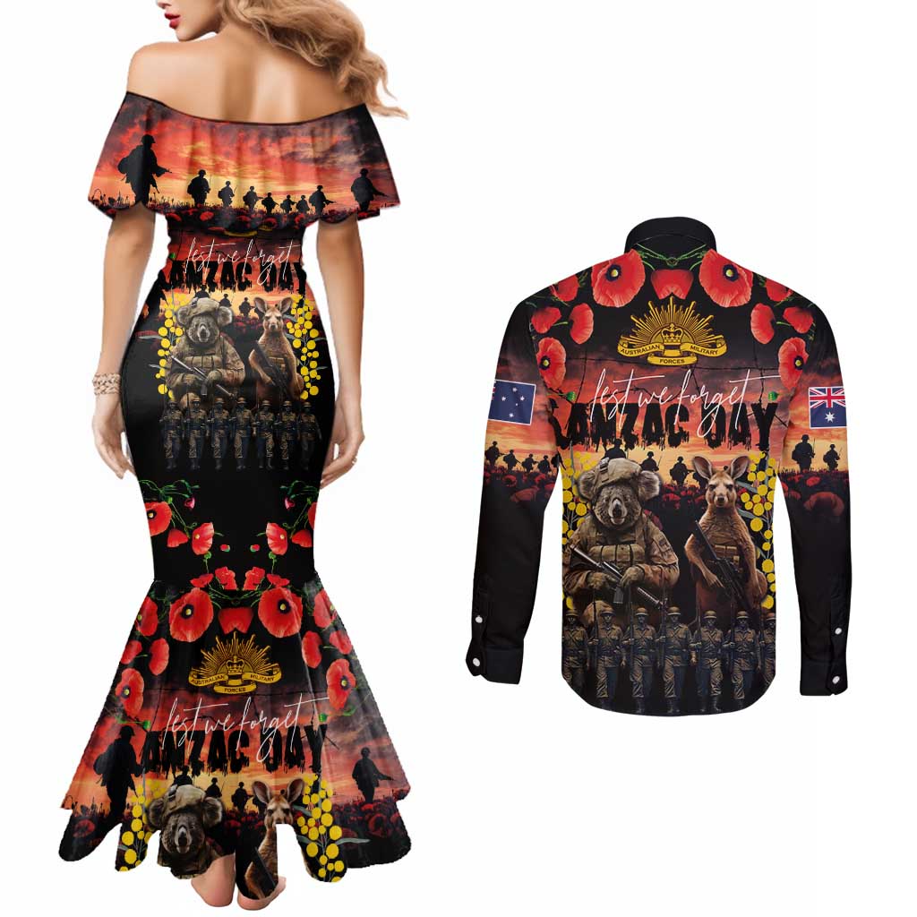 Australia ANZAC Day Couples Matching Mermaid Dress and Long Sleeve Button Shirt Kangaroo and Koala Soldier - Forever in My Thoughts LT03 - Polynesian Pride