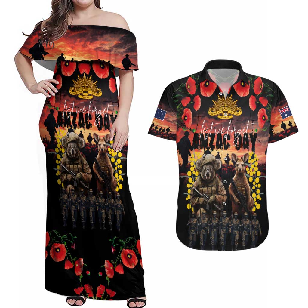 Australia ANZAC Day Couples Matching Off Shoulder Maxi Dress and Hawaiian Shirt Kangaroo and Koala Soldier - Forever in My Thoughts LT03 Black - Polynesian Pride