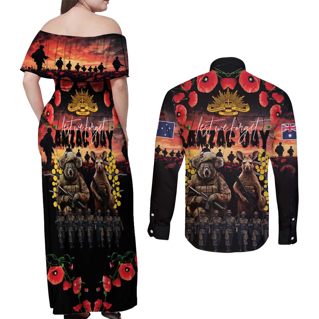 Australia ANZAC Day Couples Matching Off Shoulder Maxi Dress and Long Sleeve Button Shirt Kangaroo and Koala Soldier - Forever in My Thoughts LT03 - Polynesian Pride
