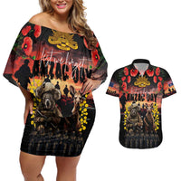 Australia ANZAC Day Couples Matching Off Shoulder Short Dress and Hawaiian Shirt Kangaroo and Koala Soldier - Forever in My Thoughts LT03 Black - Polynesian Pride