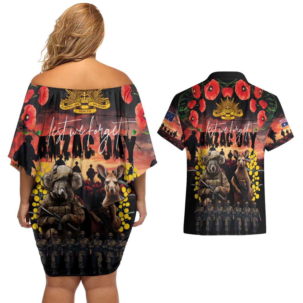 Australia ANZAC Day Couples Matching Off Shoulder Short Dress and Hawaiian Shirt Kangaroo and Koala Soldier - Forever in My Thoughts LT03 - Polynesian Pride