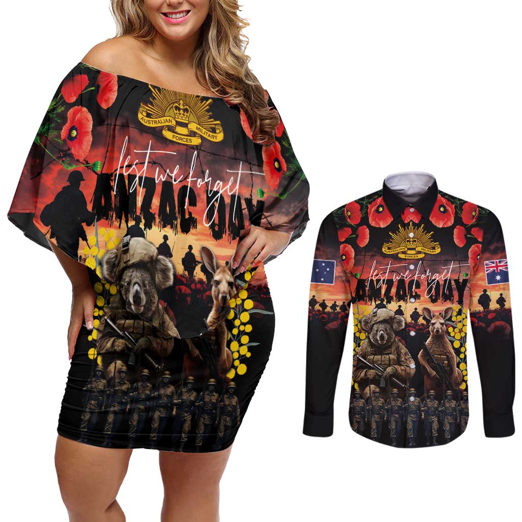 Australia ANZAC Day Couples Matching Off Shoulder Short Dress and Long Sleeve Button Shirt Kangaroo and Koala Soldier - Forever in My Thoughts LT03 Black - Polynesian Pride