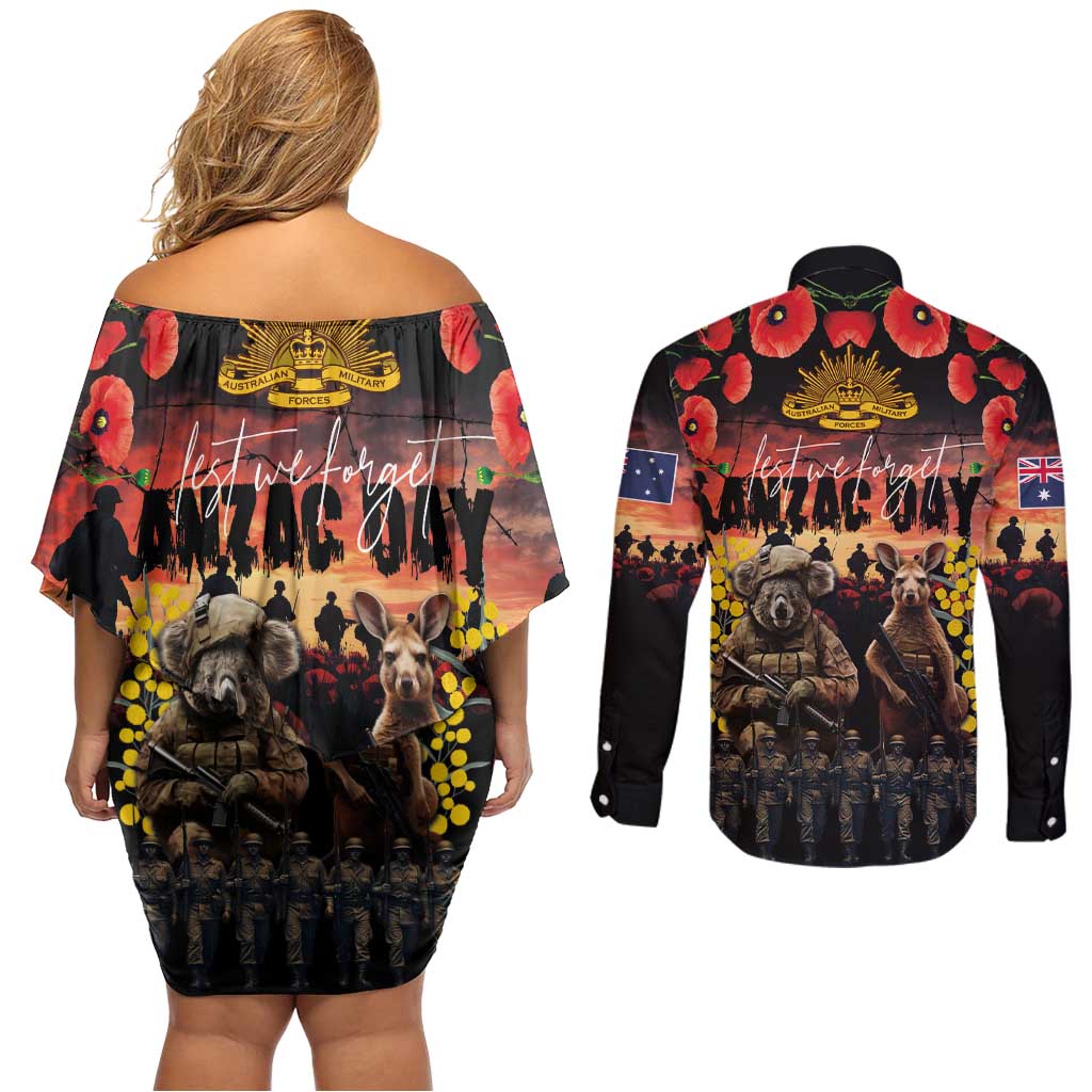 Australia ANZAC Day Couples Matching Off Shoulder Short Dress and Long Sleeve Button Shirt Kangaroo and Koala Soldier - Forever in My Thoughts LT03 - Polynesian Pride