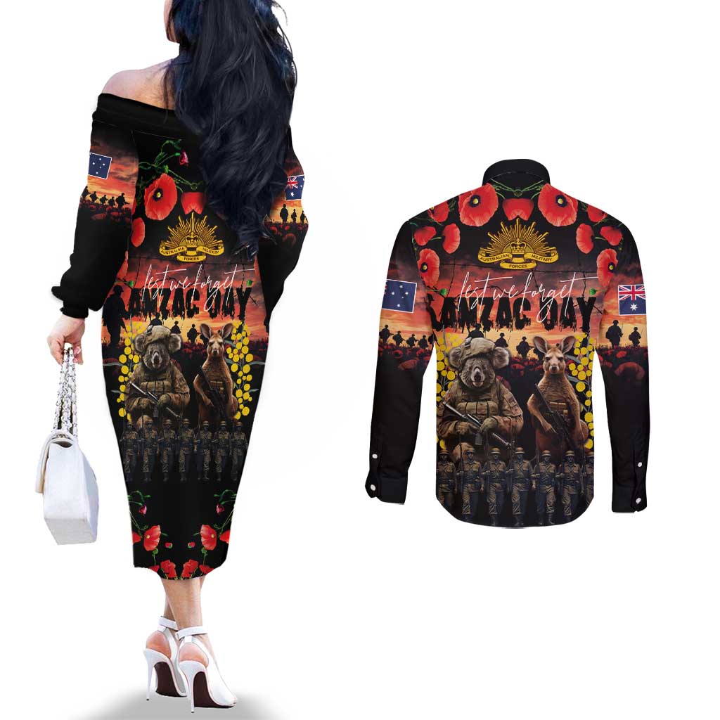 Australia ANZAC Day Couples Matching Off The Shoulder Long Sleeve Dress and Long Sleeve Button Shirt Kangaroo and Koala Soldier - Forever in My Thoughts LT03 - Polynesian Pride
