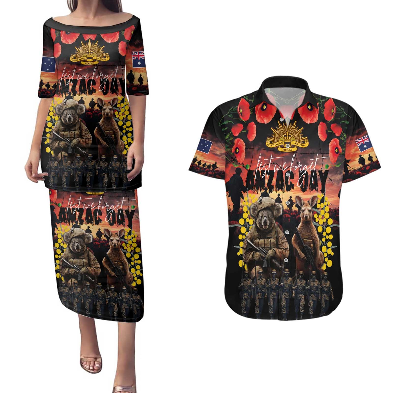 Australia ANZAC Day Couples Matching Puletasi and Hawaiian Shirt Kangaroo and Koala Soldier - Forever in My Thoughts
