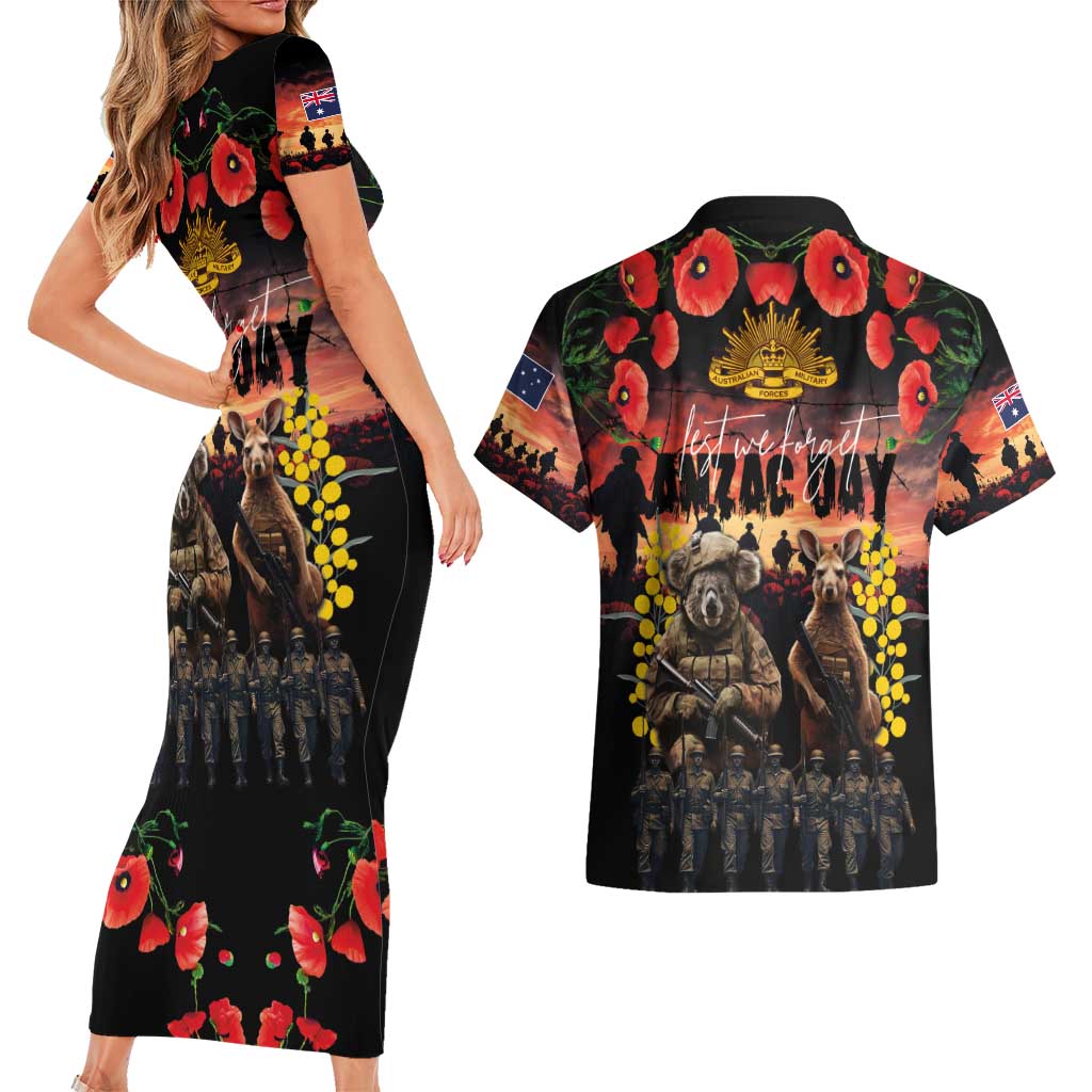 Australia ANZAC Day Couples Matching Short Sleeve Bodycon Dress and Hawaiian Shirt Kangaroo and Koala Soldier - Forever in My Thoughts LT03 - Polynesian Pride