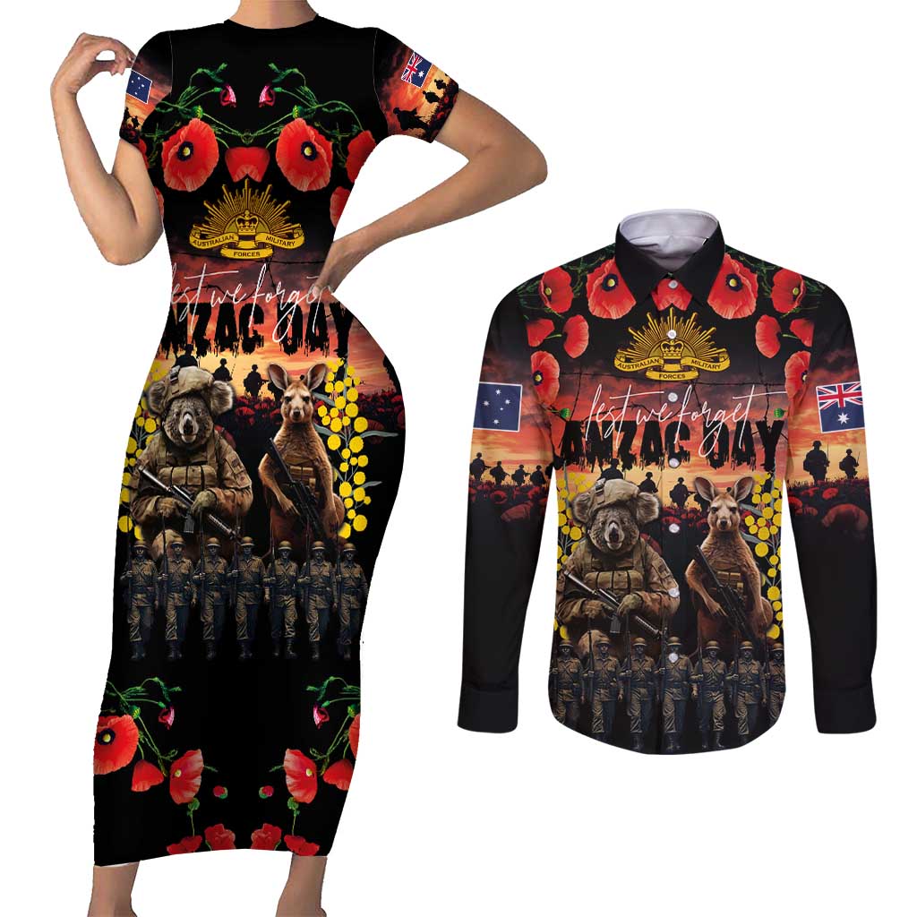 Australia ANZAC Day Couples Matching Short Sleeve Bodycon Dress and Long Sleeve Button Shirt Kangaroo and Koala Soldier - Forever in My Thoughts LT03 Black - Polynesian Pride