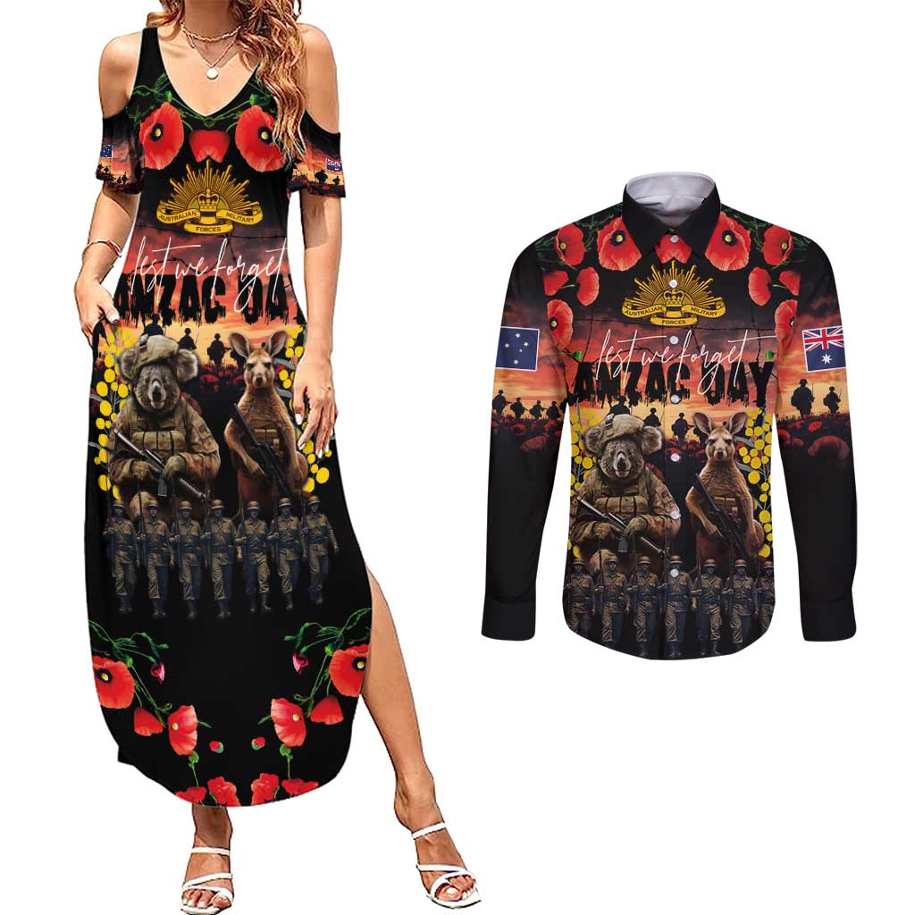 Australia ANZAC Day Couples Matching Summer Maxi Dress and Long Sleeve Button Shirt Kangaroo and Koala Soldier - Forever in My Thoughts LT03 Black - Polynesian Pride