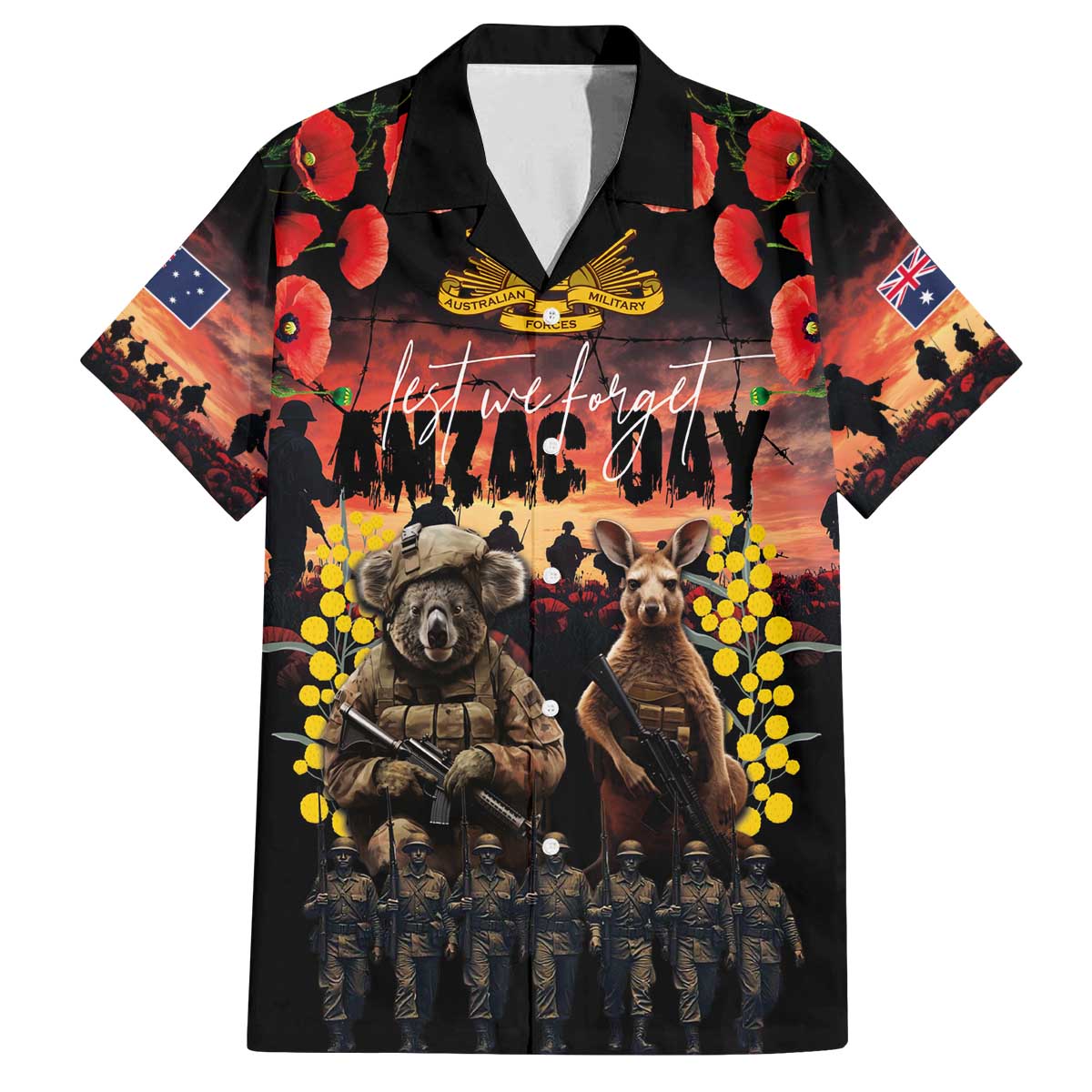 Australia ANZAC Day Family Matching Off The Shoulder Long Sleeve Dress and Hawaiian Shirt Kangaroo and Koala Soldier - Forever in My Thoughts LT03 Dad's Shirt - Short Sleeve Black - Polynesian Pride